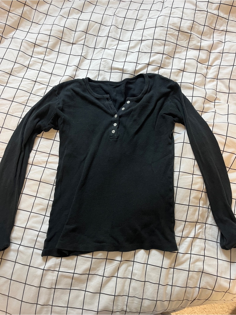 Brandy Melville Black Waffle Henley Long-Sleeve Top